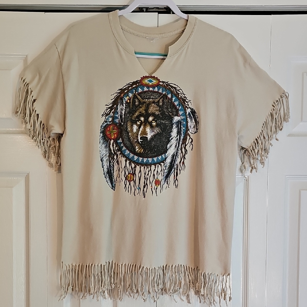 Blue and Tan Short Sleeve Tee with Fringe and Dreamcatcher Design